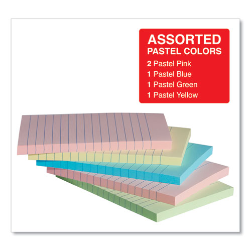 Picture of Self-Stick Note Pads, Note Ruled, 4" x 6", Assorted Pastel Colors, 100 Sheets/Pad, 5 Pads/Pack