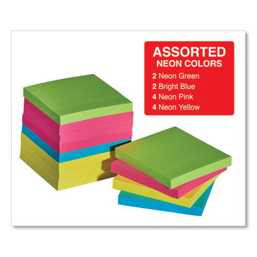 Picture of Self-Stick Note Pads, 3" x 3", Assorted Neon Colors, 100 Sheets/Pad, 12 Pads/Pack