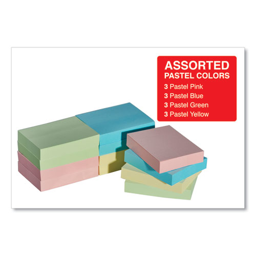 Picture of Self-Stick Note Pads, 1.5" x 2", Assorted Pastel Colors, 100 Sheets/Pad, 12 Pads/Pack