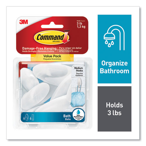 Picture of Medium Bath Hooks Value Pack, Plastic, White, 3 lb Capacity, 6 Hooks and 6 Strips