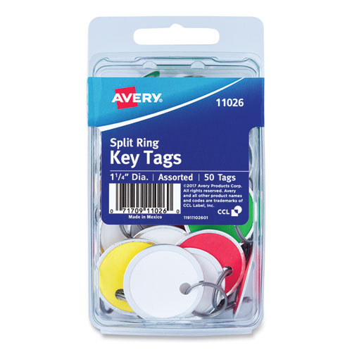 Picture of Key Tags with Split Ring, 1.25" dia, Assorted Colors, 50/Pack