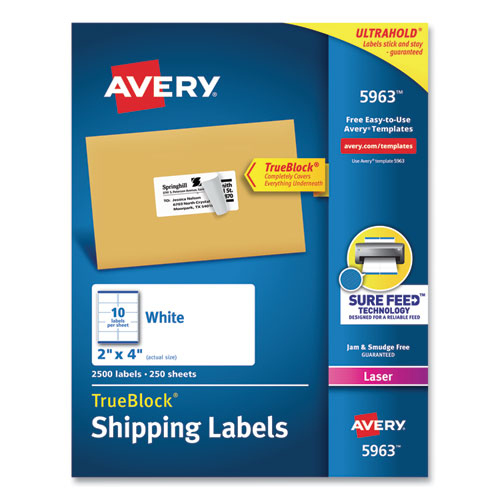 Picture of Shipping Labels w/ TrueBlock Technology, Laser Printers, 2 x 4, White, 10/Sheet, 250 Sheets/Box