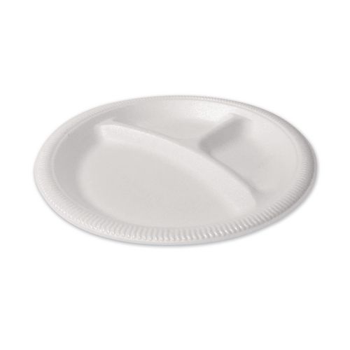 Picture of Foam Dinnerware, Plate, 3-Compartment, 9" dia, Poly Bag, White, 125/Sleeve, 4 Sleeves/Bag, 1 Bag/Pack