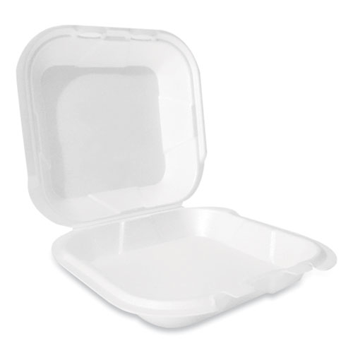 Picture of Foam Hinged Lid Container, Secure Two Tab Latch, Poly Bag, 9 x 9 x 3, White, 100/Bag, 2 Bags/Carton