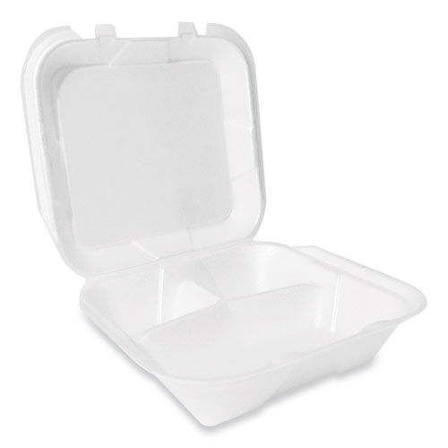 Picture of Foam Hinged Lid Container, Secure Two Tab Latch, Poly Bag, 3-Compartment, 9 x 9 x 3, White, 100/Bag, 2 Bags/Carton