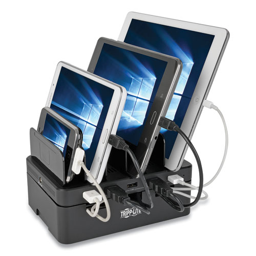 Picture of Desktop Charging Station with Cable Storage, 5 Devices, 6.6w x 4.9d x 0.79h, Black