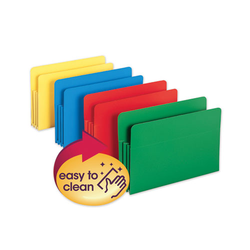 Picture of Poly Drop Front File Pockets, 3.5" Expansion, Legal Size, Assorted Colors, 4/Box