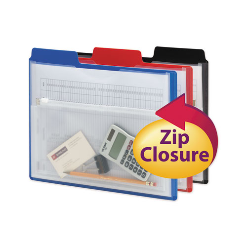 Picture of Poly Project Organizer with Zip Pouch, 2-Sections, 1/3-Cut Tab, Letter Size, Assorted Colors, 3/Pack