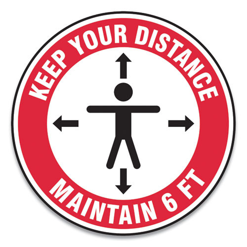 Picture of Slip-Gard Social Distance Floor Signs, 17" Circle, "Keep Your Distance Maintain 6 ft", Human/Arrows, Red/White, 25/Pack