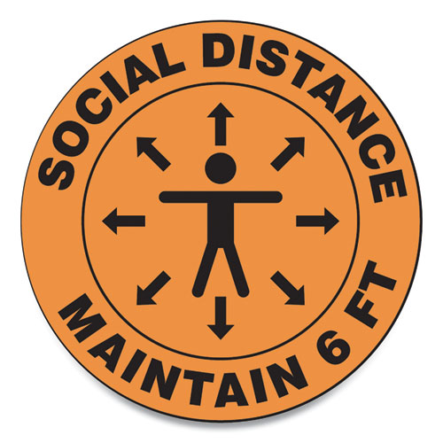 Picture of Slip-Gard Social Distance Floor Signs, 12" Circle, "Social Distance Maintain 6 ft", Human/Arrows, Orange, 25/Pack