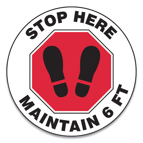 Picture of Slip-Gard Social Distance Floor Signs, 17" Circle, "Stop Here Maintain 6 ft", Footprint, Red/White, 25/Pack