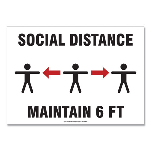 Picture of Social Distance Signs, Wall, 14 x 10, "Social Distance Maintain 6 ft", 3 Humans/Arrows, White, 10/Pack