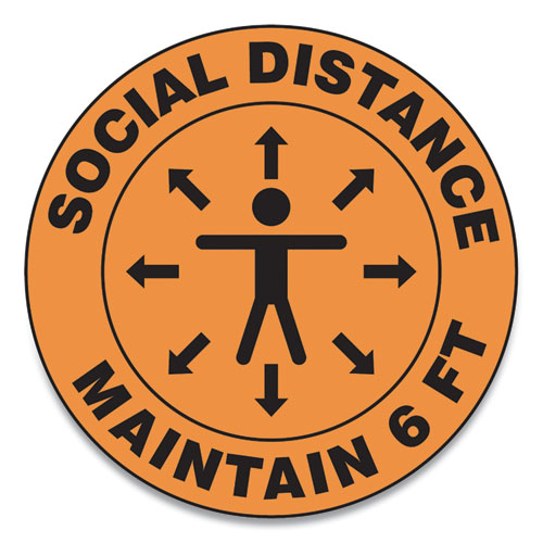 Picture of Slip-Gard Social Distance Floor Signs, 17" Circle, "Social Distance Maintain 6 ft", Human/Arrows, Orange, 25/Pack