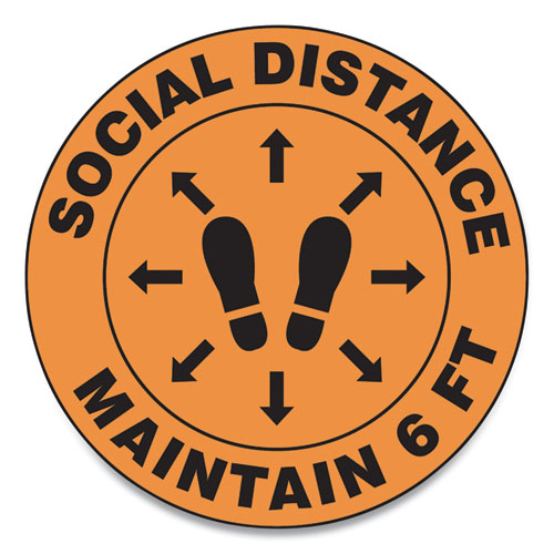 Picture of Slip-Gard Social Distance Floor Signs, 12" Circle, "Social Distance Maintain 6 ft", Footprint, Orange, 25/Pack