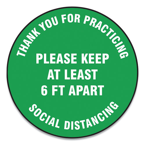 Picture of Slip-Gard Floor Signs, 17" Circle, "Thank You For Practicing Social Distancing Please Keep At Least 6 ft Apart", Green, 25/PK