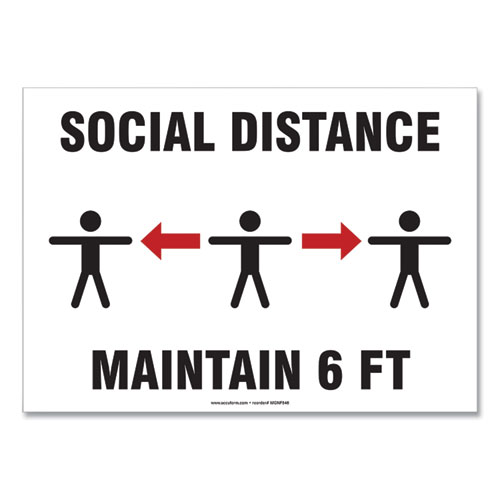 Picture of Social Distance Signs, Wall, 10 x 7, "Social Distance Maintain 6 ft", 3 Humans/Arrows, White, 10/Pack
