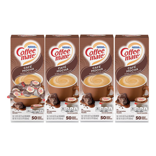 Liquid+Coffee+Creamer%2C+Cafe+Mocha%2C+0.38+Oz+Mini+Cups%2C+50%2Fbox%2C+4+Boxes%2Fcarton%2C+200+Total%2Fcarton