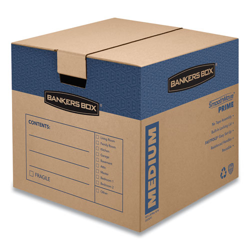 Picture of SmoothMove Prime Moving/Storage Boxes, Hinged Lid, Regular Slotted Container, Medium, 18" x 18" x 16", Brown/Blue, 8/Carton