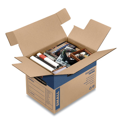Picture of SmoothMove Prime Moving/Storage Boxes, Hinged Lid, Regular Slotted Container, Small, 12" x 16" x 12", Brown/Blue, 10/Carton
