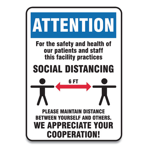 Picture of Social Distance Signs, Wall, 7 x 10, Patients and Staff Social Distancing, Humans/Arrows, Blue/White, 10/Pack