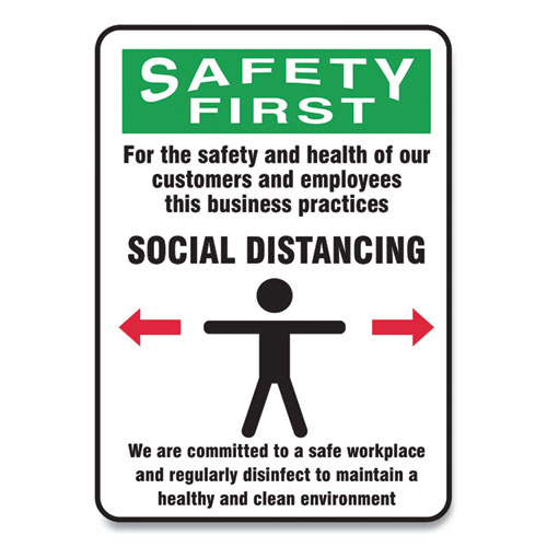 Picture of Social Distance Signs, Wall, 7 x 10, Customers and Employees Distancing Clean Environment, Humans/Arrows, Green/White, 10/PK