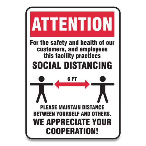 Picture of Social Distance Signs, Wall, 7 x 10, Customers and Employees Distancing, Humans/Arrows, Red/White, 10/Pack