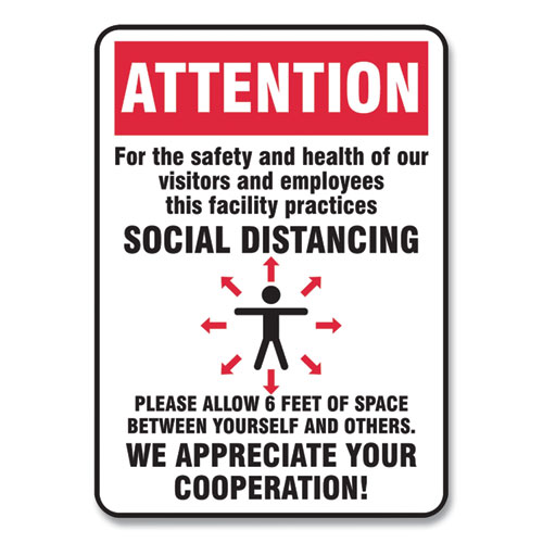 Picture of Social Distance Signs, Wall, 7 x 10, Visitors and Employees Distancing, Humans/Arrows, Red/White, 10/Pack