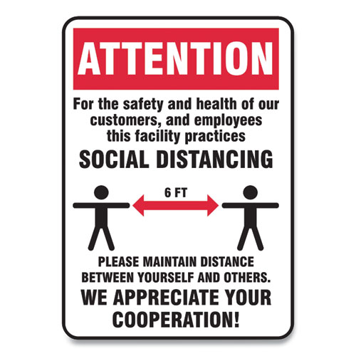 Picture of Social Distance Signs, Wall, 10 x 14, Customers and Employees Distancing, Humans/Arrows, Red/White, 10/Pack