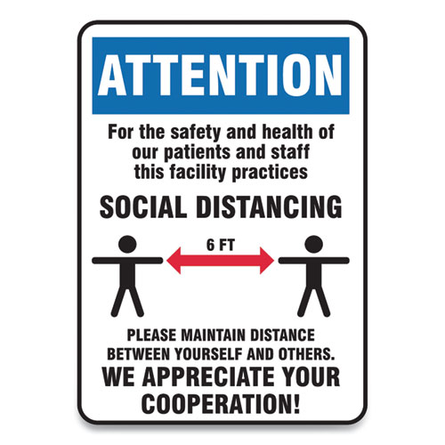 Picture of Social Distance Signs, Wall, 10 x 14, Patients and Staff Social Distancing, Humans/Arrows, Blue/White, 10/Pack