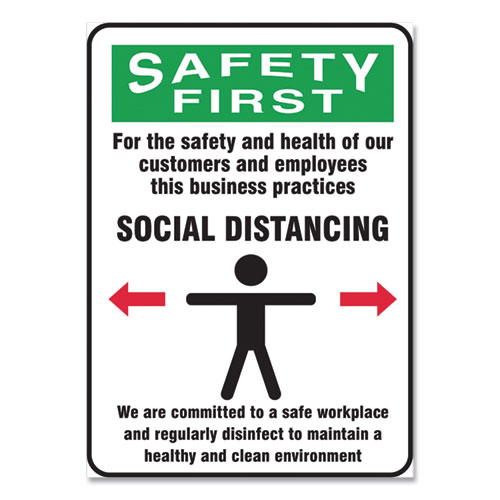 Picture of Social Distance Signs, Wall, 10 x 14, Customers and Employees Distancing Clean Environment, Humans/Arrows, Green/White, 10/PK