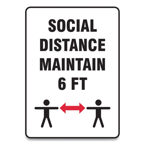 Picture of Social Distance Signs, Wall, 7 x 10, "Social Distance Maintain 6 ft", 2 Humans/Arrows, White, 10/Pack