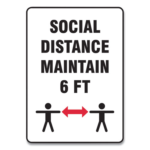 Picture of Social Distance Signs, Wall, 10 x 14, "Social Distance Maintain 6 ft", 2 Humans/Arrows, White, 10/Pack