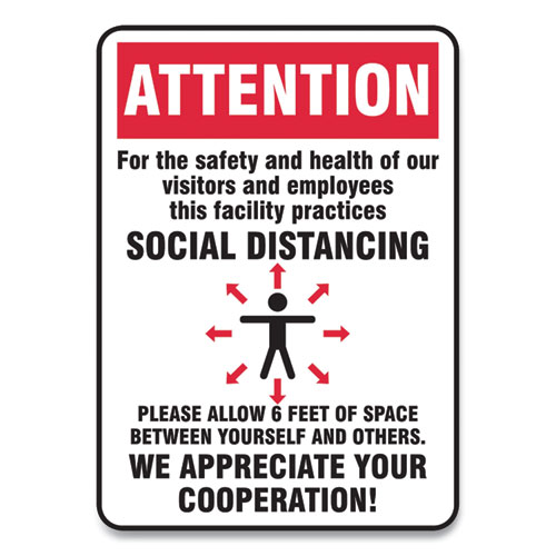 Picture of Social Distance Signs, Wall, 10 x 14, Visitors and Employees Distancing, Humans/Arrows, Red/White, 10/Pack