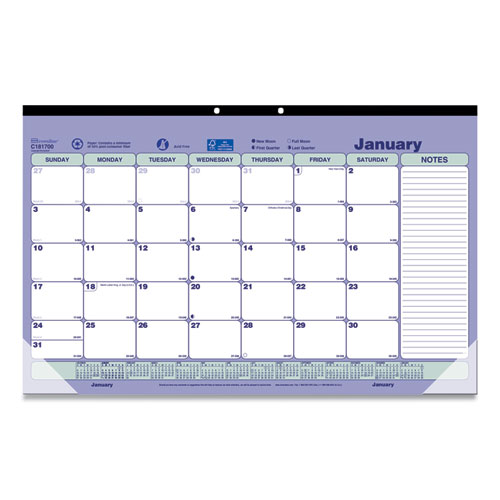 Monthly Desk Pad Calendar, 17.75 X 10.88, White/blue/green Sheets, Black Binding, Clear Corners, 12-Month (jan To Dec): 2022