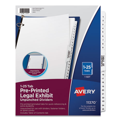 PREPRINTED LEGAL EXHIBIT SIDE TAB INDEX DIVIDERS, AVERY STYLE, 25-TAB, 1 TO 25, 11 X 8.5, WHITE, 1 SET