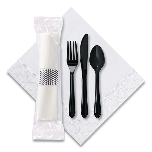 Picture of CaterWrap Cater to Go Express Cutlery Kit, Heavyweight, Fork/Knife/Napkin/Spoon, Plastic, Black, 100/Carton
