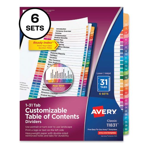 Picture of Customizable Table of Contents Ready Index Multicolor Dividers, 31-Tab, 1 to 31, 11 x 8.5, White, 6 Sets