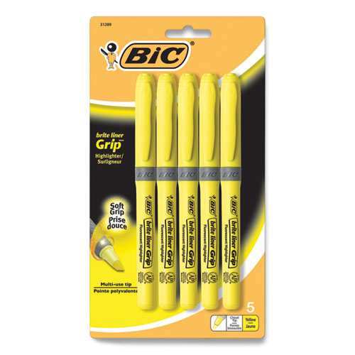 Picture of Brite Liner Grip Pocket Highlighter, Fluorescent Yellow Ink, Chisel Tip, Yellow/Black/Silver Barrel, 5/Pack