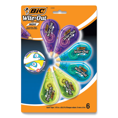 Picture of Wite-Out Brand Mini Correction Tape, Non-Refillable, Blue/Purple/Yellow Applicators, 0.2" x 314.4", 6/Pack