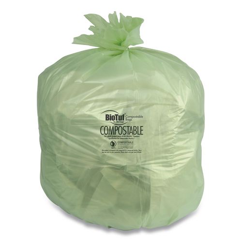 Picture of Biotuf Compostable Can Liners, 32 gal, 1 mil, 34" x 48", Green, 20 Bags/Roll, 5 Rolls/Carton