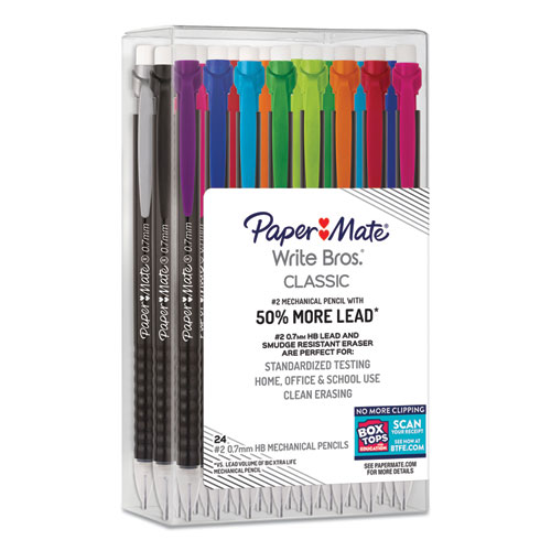 Picture of Write Bros Mechanical Pencil, 0.7 mm, HB (#2), Black Lead, Black Barrel with Assorted Clip Colors, 24/Box