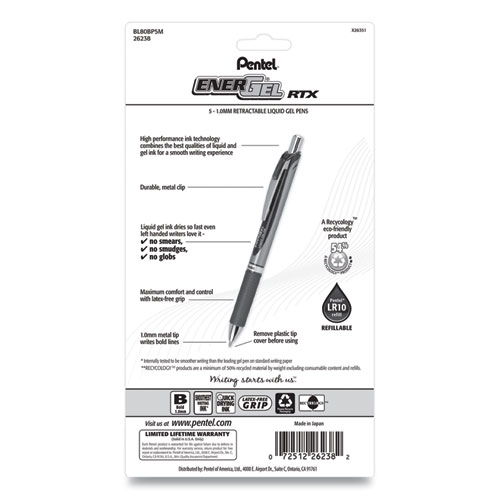 Picture of EnerGel RTX Gel Pen, Retractable, Bold 1 mm, Assorted Ink and Barrel Colors, 5/Pack