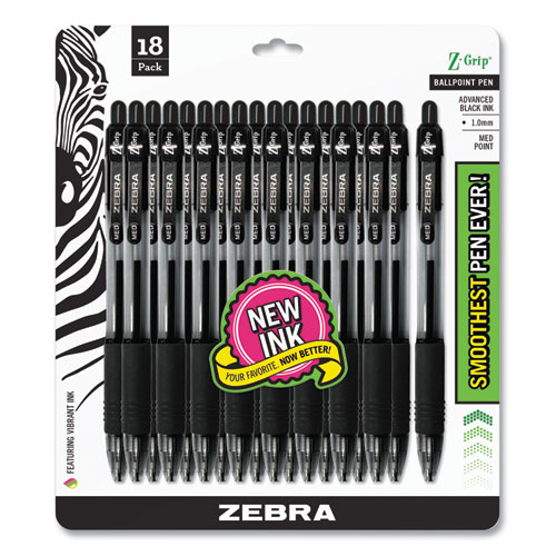 Picture of Z-Grip Ballpoint Pen, Retractable, Medium 1 mm, Black Ink, Clear/Black Barrel, 18/Pack