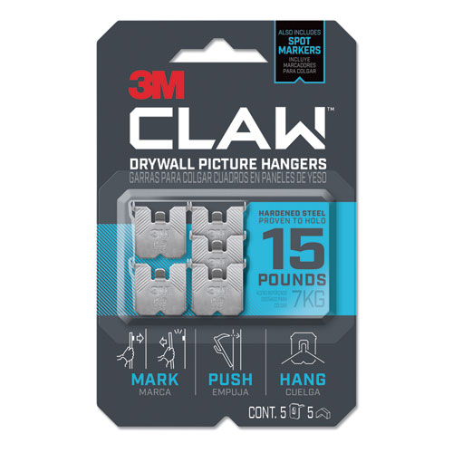 Claw+Drywall+Picture+Hanger%2C+Stainless+Steel%2C+15+lb+Capacity%2C+5+Hooks+and+5+Spot+Markers