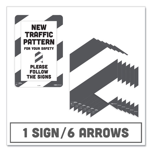 Picture of BeSafe Carpet Decals, New Traffic Pattern For Your Safety; Please Follow The Signs, 12 x 18, White/Gray, 7/Pack