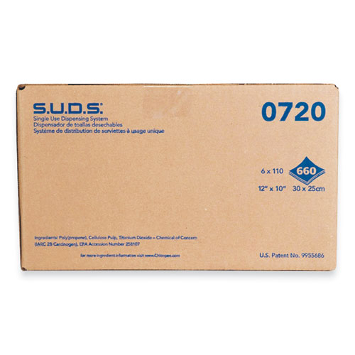 Picture of S.U.D.S. Single Use Dispensing System Towels For Quat, 1-Ply, 10 x 12, Unscented, White, 110/Roll, 6 Rolls/Carton