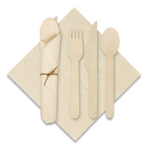 Picture of Pre-Rolled Caterwrap Kraft Napkins with Wood Cutlery, 6 x 12 Napkin;Fork;Knife;Spoon, 7" to 9", Kraft, 100/Carton