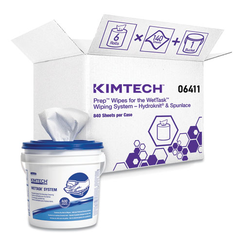 Picture of Critical Clean Wipers for Bleach, Disinfectants, Sanitizers WetTask Customizable Wet Wiping System, w/Bucket, 140/Roll, 6/CT