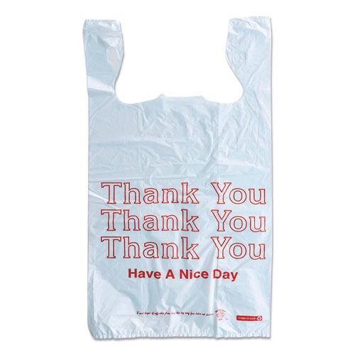 Picture of Plastic "Thank You - Have a Nice Day" Shopping Bags, Cut-Out Handles, 11.5" x 6.5" x 22", White/Red, 250/Box