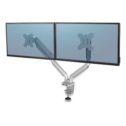 Picture of Platinum Series Dual Monitor Arm, For 27" Monitors, 360 deg Rotation, 45 deg Tilt, 180 deg Pan, Silver, Supports 20 lb